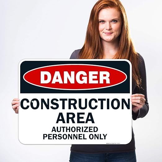 Danger Construction Area Sign, Authorized Personnel Only Sign, 18x24 Inches, Rust Free .063 Aluminum, Fade Resistant, Easy Mounting, Indoor/Outdoor Use, Made in USA