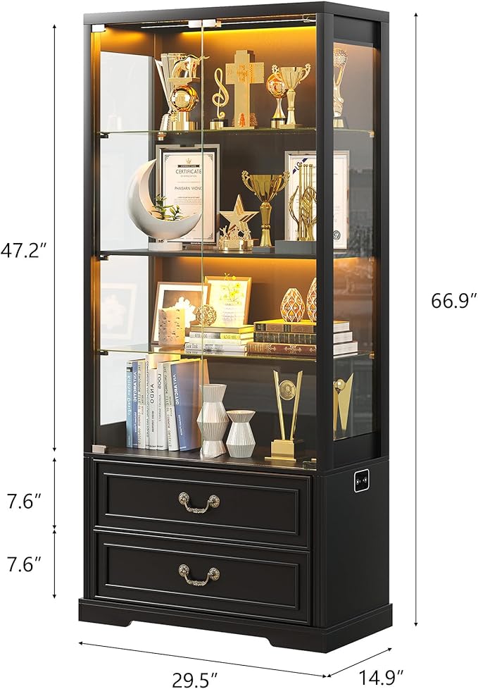 Glass Display Cabinet with Door, 4-Tier Curio Cabinet with 2 Drawers and Adjustable Glass Height Showcase, Display Case with 3 LED Light and Human Body Sensor, Black