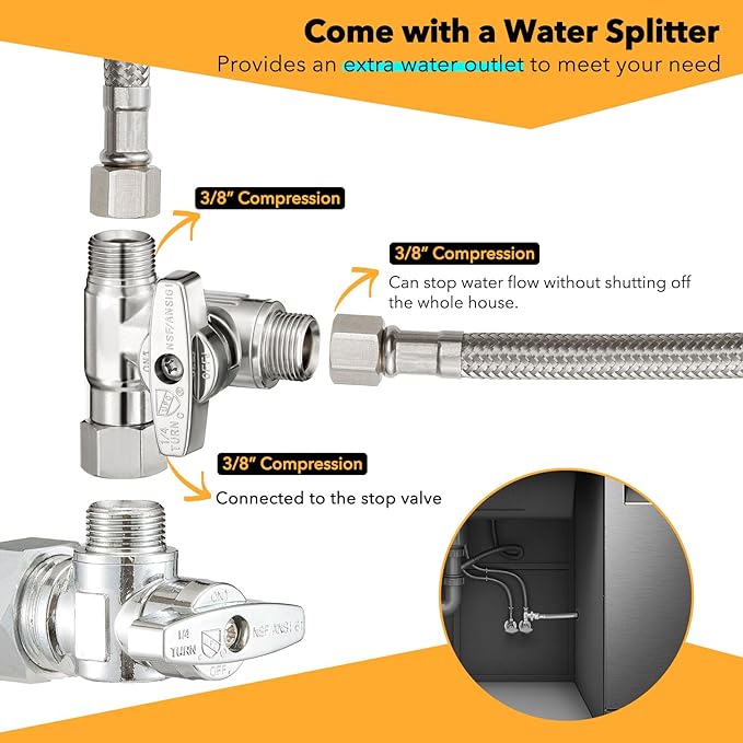 Dishwasher Hose Installation Kit - Includes Water Supply Line, 3/8" Compression Water Splitter, 3/4" FHT Elbow, and 3/8" MIP Elbow (8 FT)