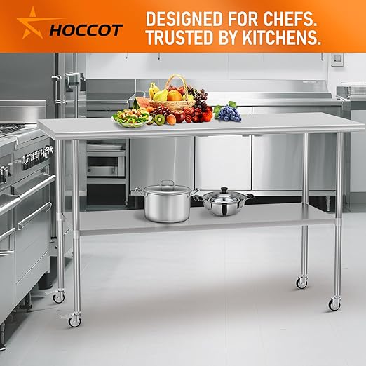 Stainless Steel Table with Wheels 24" x 60" Utility Worktable with Adjustable Undershelf for Commercial Kitchen, Garage, Restaurant