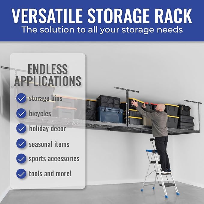 SafeRacks Overhead Storage Rack, Heavy Duty 600 lb Capacity, Adjustable Garage Ceiling Mount Hammertone 24"-45" 2 Pack