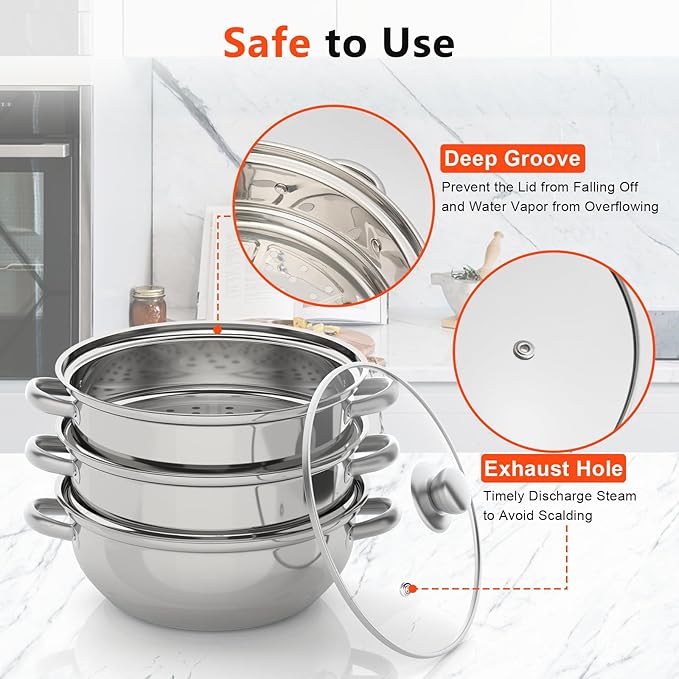3-Tier Stainless Steel Steamer Pot for Cooking, 11"L Food Steam Pots with Transparent Lid & Rivets Handles, Multi-functions Kitchen Cookware for Cooking, Steaming and Boiling