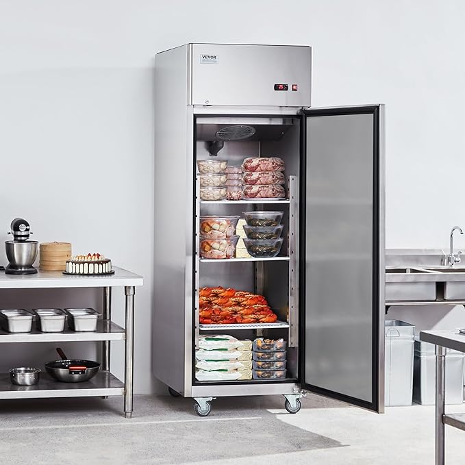 VEVOR Commercial Freezer 19.32 Cu.ft, Reach In 27" W Upright Freezer Single Door, Auto-Defrost Stainless Steel Reach-in Freezer with 4 Adjustable Shelves, -13 to 5℉ Temp Control, LED Light, 4 Wheels