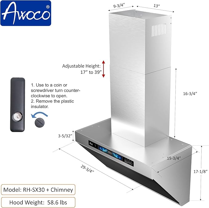 Awoco 30" Wall Mount Range Hood, Side-Draft Design, 4 Speeds Exhaust Fan with 800 CFM, Voice, Gesture, Touch & Remote Control, 6" Vent, Dimmable LED Light Bars, Adjustable Chimney up to 39"