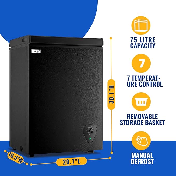Chest Freezer WANAI 3.5 Cubic Deep Freezer with Top Open Door and Removable Storage Basket, 7 Gears Temperature Control, Ideal for Office Dorm or Apartment, Black
