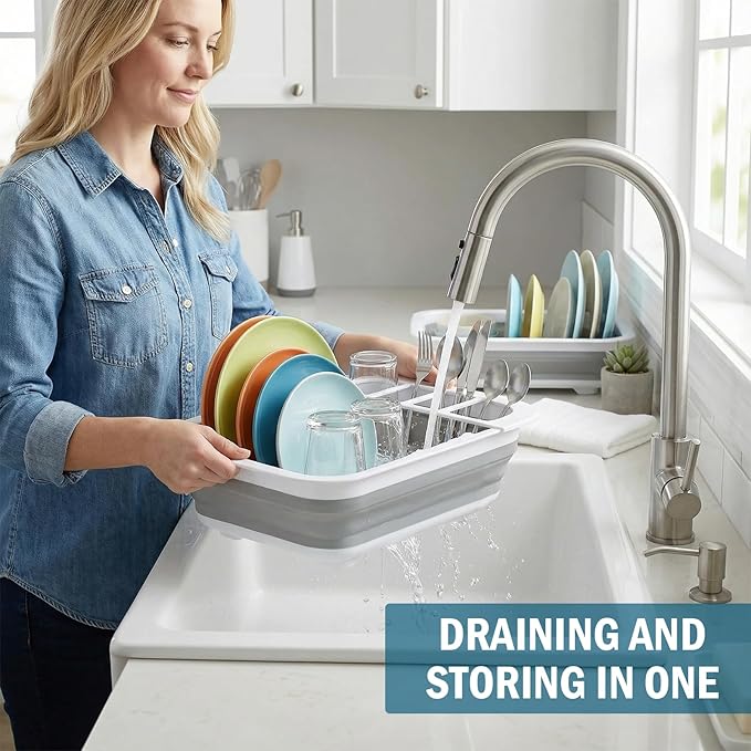 1 Pack Space-Saving Collapsible Dish Rack – Durable, Multi-Compartment Design for Kitchen, RV, Camping, and More – Dishwasher & Easy to Store