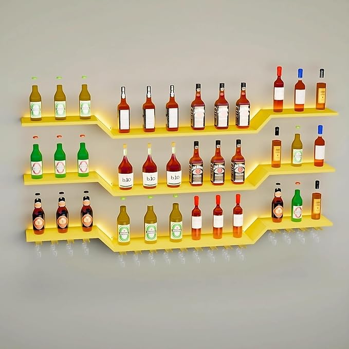 70.9" Wall Mounted LED Wine Rack, 3-Tier Floating Bar Shelves, Large Liquor Shelf with Wine Glass Rack, Large Bar Rack Wall Mounted for Liquor Bottles, Home Bar, Dining Room or Cafe, Gold