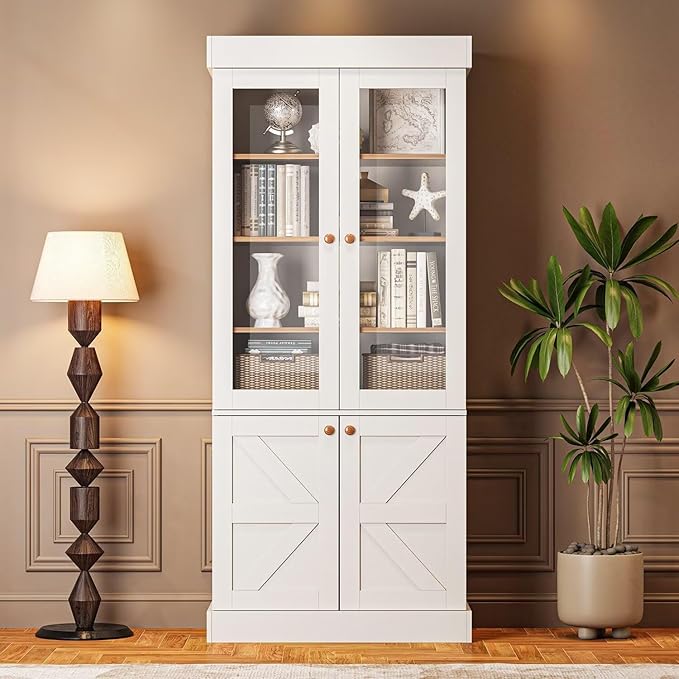 Vyre 71" Tall Farmhouse Kitchen Pantry, Set of 4 Large Storage Cabinets with Glass Doors, Adjustable Shelves, Wood Versatile Hutch Cabinet for Living Room, White