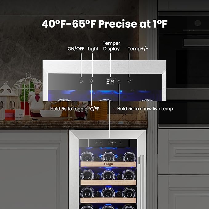Yeego 15 Inch Wine Fridge Cooler - 33 Bottles Wine Cooler with Glass Door, 40-65℉ Built-In or Freestanding Refrigerator, Under Counter Wine Fridge for Kitchen Bar Office (Left-Hinged)