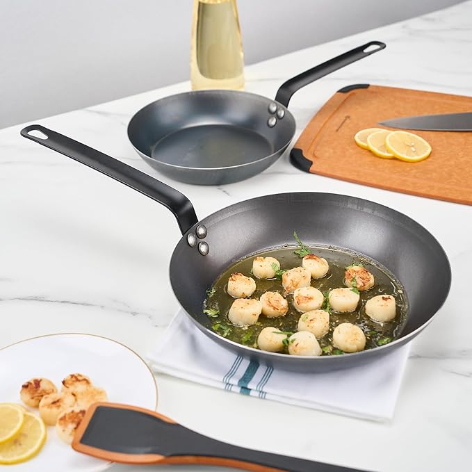 Met Lux 11 Inch Fry Pan, 1 Lightweight Frying Pan - Induction-Ready, Triple-Riveted, Black Carbon Steel Cooking Skillet, Durable, For Searing, Sauteing, And Browning Food - Restaurantware