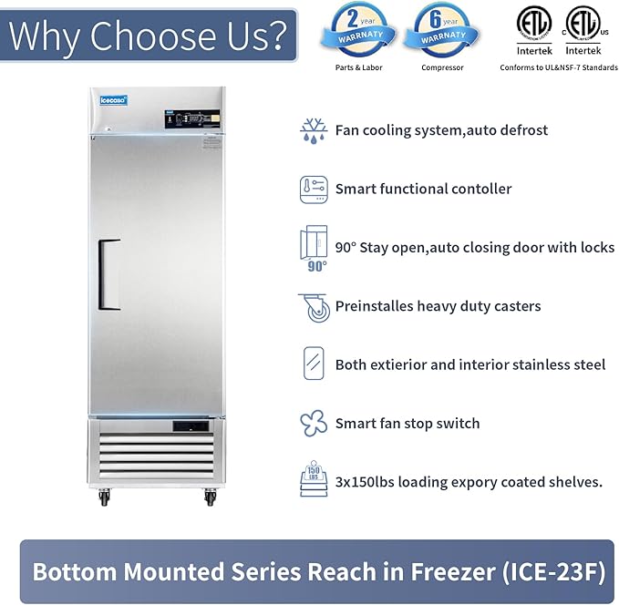ICECASA 27"W Commercial Freezer Reach-in 23 Cu.ft Single Solid Door Stainless Steel Commercial Freezer Fan Cooling for Restuarant, Bar, Shop, etc