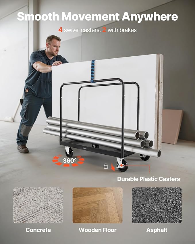 VEVOR Folding Table Cart, Heavy Duty Table Dolly 1800 lbs, Steel Panel Truck Cart with 5 inch Swivel Casters, Lumber Drywall Dolly with Straps for Party Events, Hotel, Factory, Warehouse