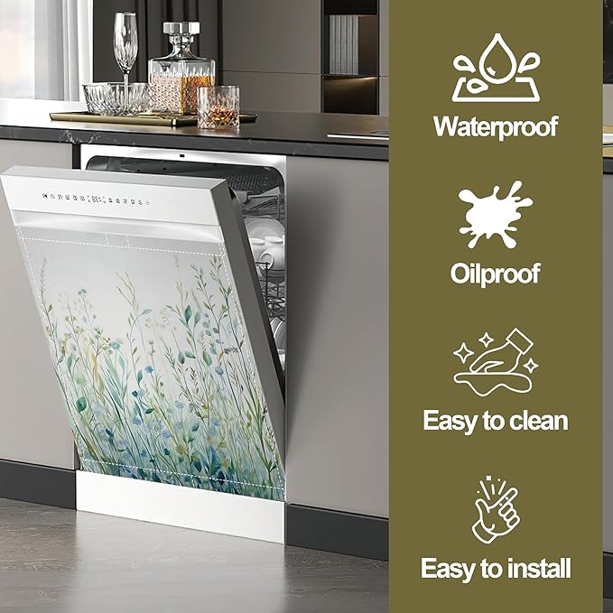 Watercolour Wildflowers Plants Dishwasher Magnets Decorative Cover,Magnet Fridge Panel Decal for Home Kitchen Decor,23x26 in