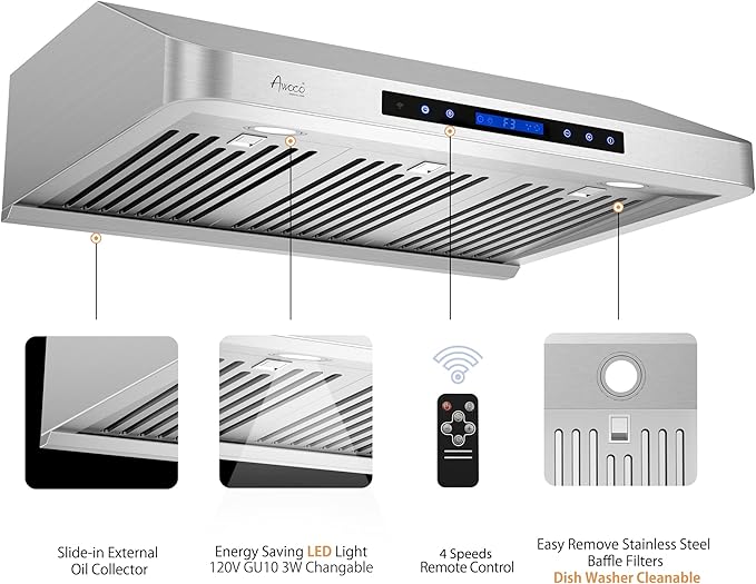 Awoco 30” Supreme 7” High Stainless Steel Under Cabinet Range Hood 4 Speeds, 8” Round Top Vent, 1000CFM 2 LED Lights, Remote Control & External Oil Collector (RH-S10-30S)