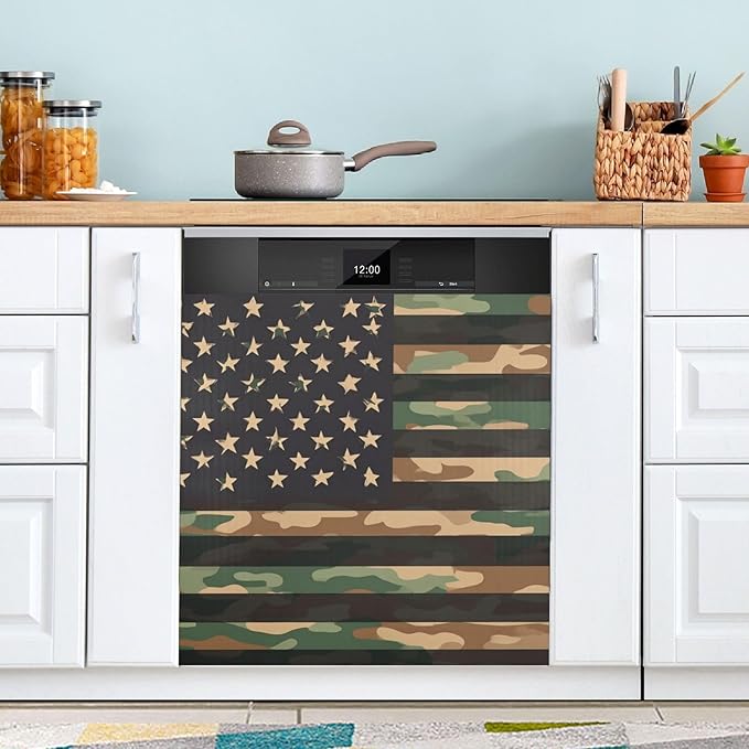 Camouflage USA Flag Black Dishwasher Magnet Cover for Front Panel Magnetic Dishwasher Cover Decorative Refrigerator Magnet Covers Dishwashers Magnetic Sticker for Kitchen Decor, 23" x 26"