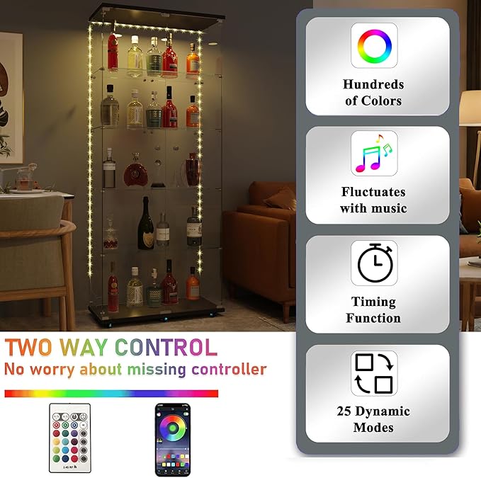 Glass Display Cabinet with LED Light Strip, 5 Shelves with 2 Doors, Curio Storage Cabinets with Lock & Caster for Living Room, Office, Floor Standing Glass Bookshelf, Quick Installation - Black
