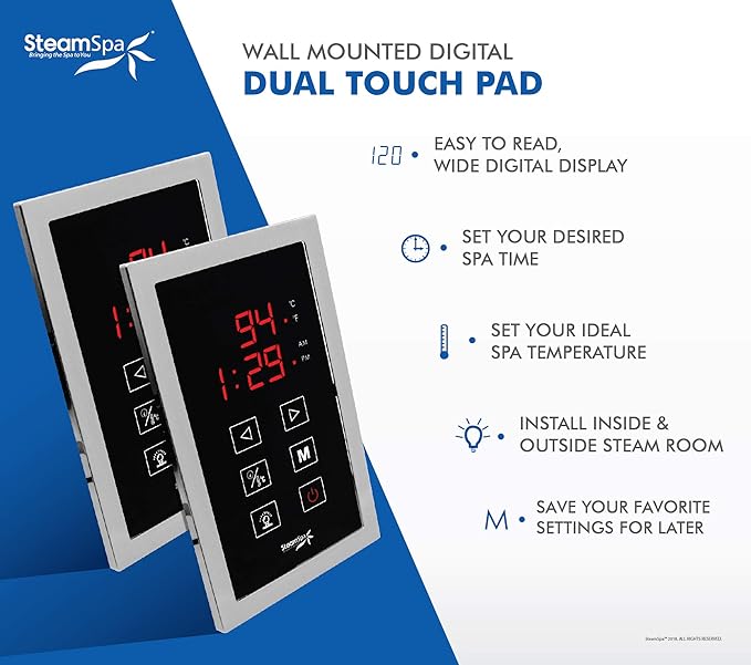 SteamSpa 10.5kW Steam Sauna Generator Executive Bundle 240V Steam Generator with Touch Pad, Steamheads, Pressure Relief Valve, Built-in Auto Drain, LED Light, Filter and Quick Install Kit EXT1050CH