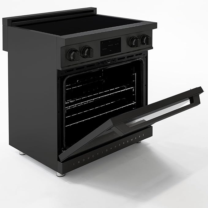 30 Inch Professional Induction Range with Convection Oven, Air Fry, 4 Burner Electric Stove, Pizza Stone - Black Stainless Steel