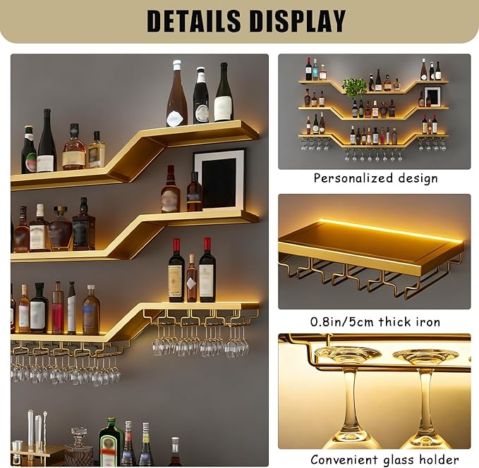 55.1in Modern LED Wine Rack Wall Mounted, 3-Tier Floating Bar Shelves with Wine Glass Rack, Large Hanging Liquor Shelf Wall Mounted, for Home Bar Dining Room Cafe Decorative (Gold, 55.1in/140cm)
