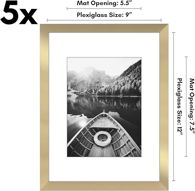 Americanflat 9x12 Picture Frame with Polished Plexiglass - Set of 5 - Use as 6x8 Frame with Mat or Display 9x12 Photo Without Mat - Galleria Collection - Picture Frames for Wall Display - Gold