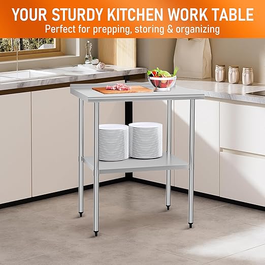 HOCCOT Stainless Steel Table 24" x 30" with Adjustable Undershelf and Backsplash, Commercial Metal Workstations for Kitchen, Garage, Outdoor BBQ