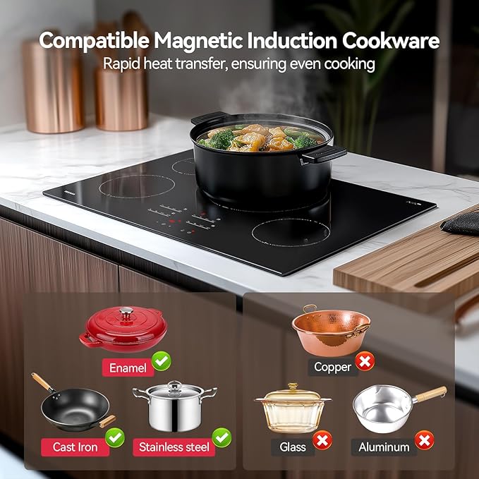 30 Inch Induction Cooktop 7400W, TECASA Built-in Induction Stovetop with 4 Boost Burner, Timer & Child Safety Lock, 9 Heating Level, Sensor Touch Control, 240V, Drop-in Electric Stove Top