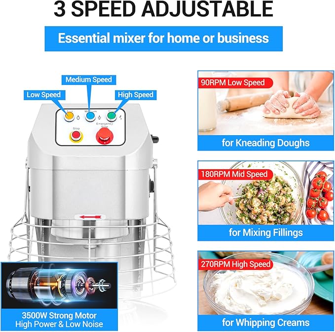 60Qt Commercial Food Mixer, Commercial Dough Mixer 3000W 3-Speed Adjustable, Heavy Duty Electric Stand Mixer with Stainless Steel Bowl for Kitchenaid and Pizzeria, 220V