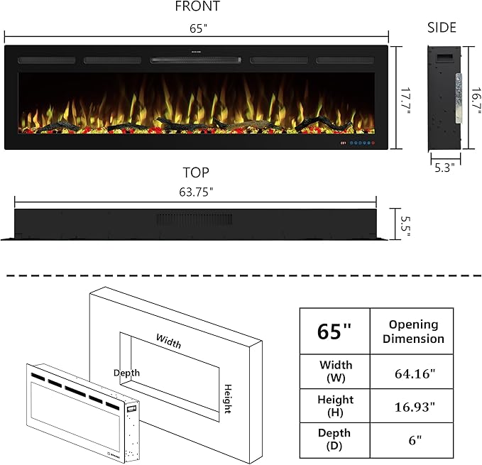 65" WiFi Electric Fireplace Inserts, Recessed and Wall Mounted Fireplace Heater W/Adjustable Flame Color & Brightness, Thermostat, 9H Timer, App and Remote Control, Low Noise, 750/1500W