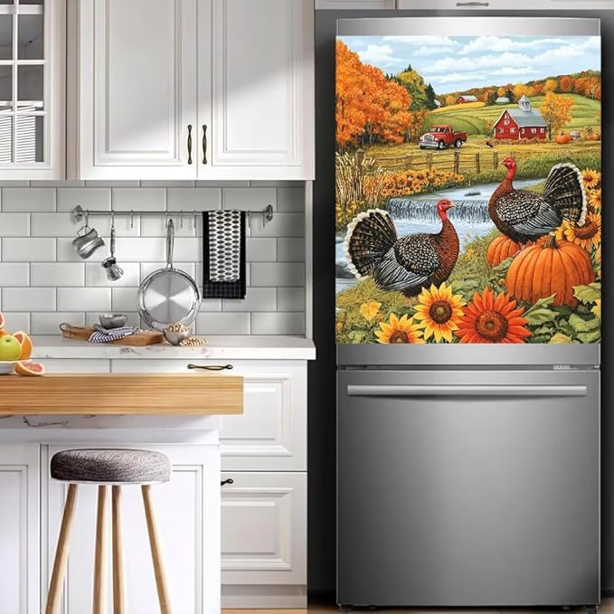 Autumn Farm Scene with Pumpkins Magnetic Dishwasher Cover Vinyl Sticker,Thanksgiving Turkeys Dishwasher Magnet Cover, Fridge Door Cover Magnets Art Skin Panel Decal for Home Decor, 23"X26"