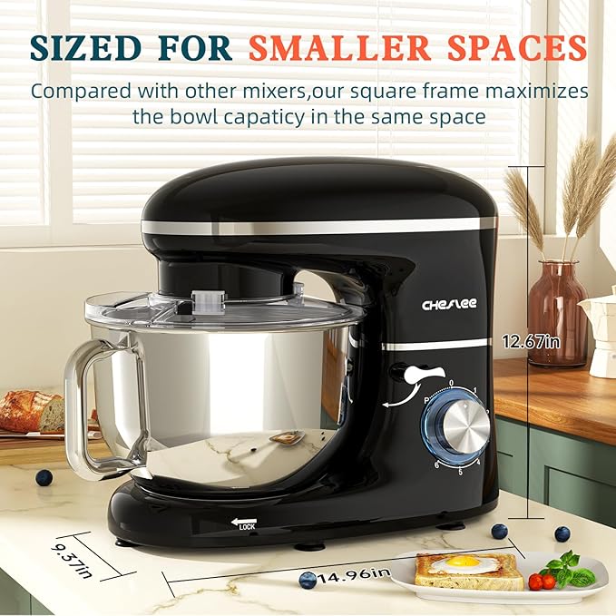CHeflee Stand Mixer,660W 6+P With 6.5QT Stainless Steel Bowl,Dough Hook, Wire Whip & Beater,for Most Home Cooks (Black)