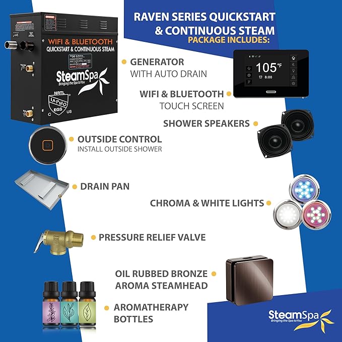 SteamSpa Steam System 9kW Steam Shower Generator with Bluetooth Wifi, Quickstart Continous Steam, Advanced Touch Pad Screen, Chroma Lights, Drain Pan and Auto Drain Oil Rubbed Bronze RVBS900ORB-A