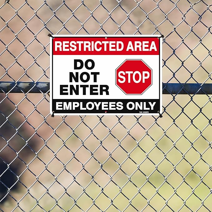 T&R Large Restricted Area Do Not Enter Employees Only Sign - 1 Pack - 14 x 10 Inches Rust Free .040 Aluminum - UV Protected, Waterproof, Weatherproof and Fade Resistant - 6 Pre-drilled Holes