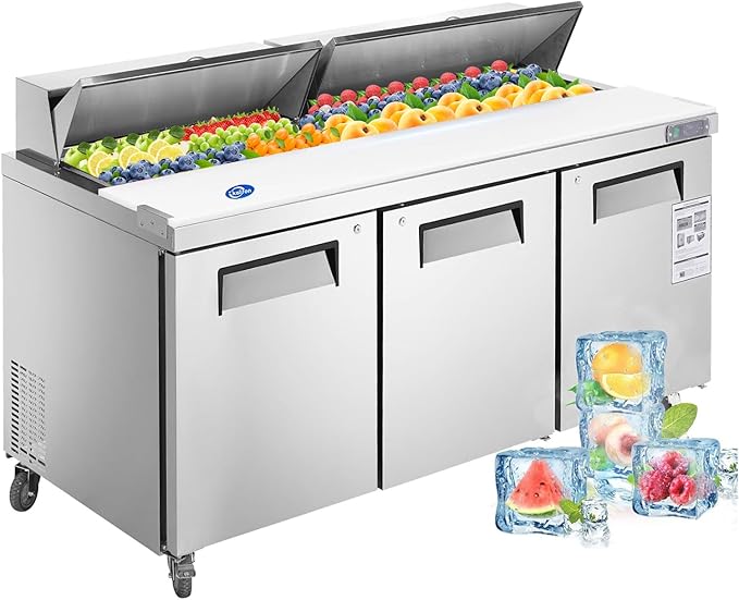 72" W 3 Door Refrigerator Sandwich Salad Prep Table Commercial Stainless Steel Fan Cooling Refrigerator with Cutting Board, 3 Shelves & 30 Pans for Restaurant, Bar, Shop-20 Cu.ft