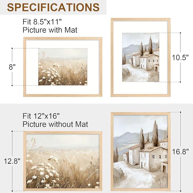 Vittanly 12x16 Picture Frame Set of 2, Solid Wood Frame for Wall Art Photo and Prints, Display Photo 8.5x11 with Mat or 12x16 without Mat, Natural