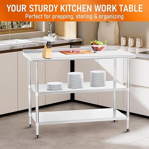 HOCCOT Stainless Steel Table 24" x 48" with 2 Adjustable Undershelves and Backsplash, Commercial Metal Workstations for Kitchen, Garage, Outdoor BBQ