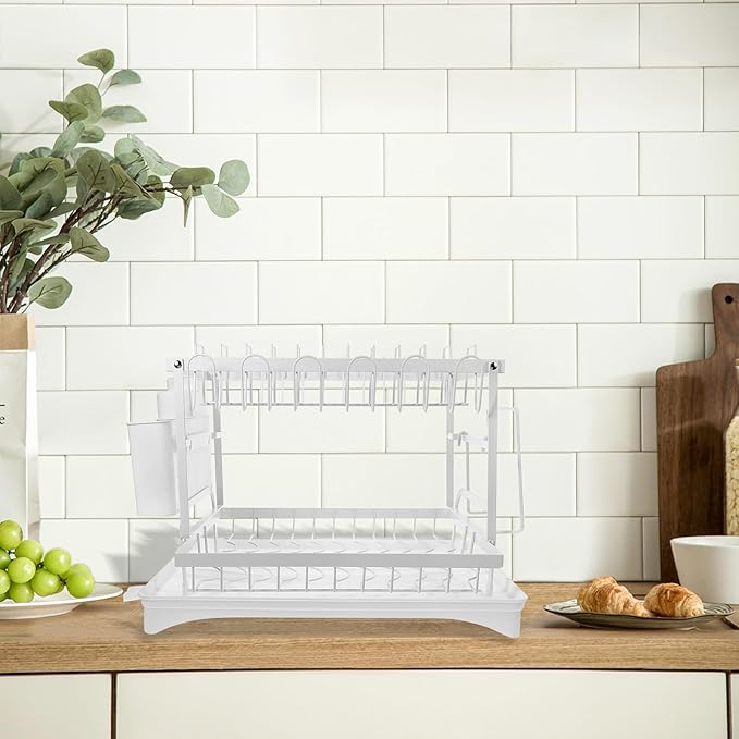 Bowl Draining Rack and Kitchen Dish Draining Stand, White Multifunctional Countertop Drying Rack with Cutting Board Holder and Utensil Cup, Dishwasher Safe for Home Kitchen