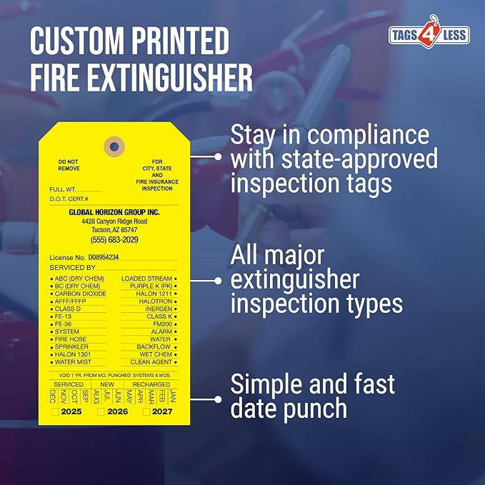 Tags 4 Less Custom Fire Extinguisher Tags – Preventative Maintenance Labels for Monthly Inspections, Alternative to Safety Sticker for Easy Record-Keeping – Pack of 100 (Yellow, Cardboard)
