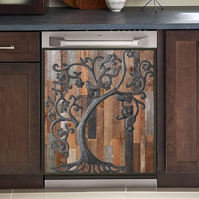 Tree of Life Dishwasher Cover, Stainless Steel Refrigerator Panel Cover, Wood Door Dishwasher Skin (23" x 26")