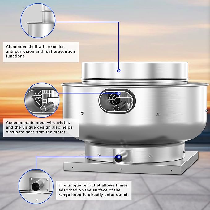Restaurant Hood Grease Rated Exhaust Fan- Food Truck High Speed Direct Drive Centrifugal Upblast Exhaust Fan 0.25HP 110 Volt Single Phase Motor 1500-1700 CFM