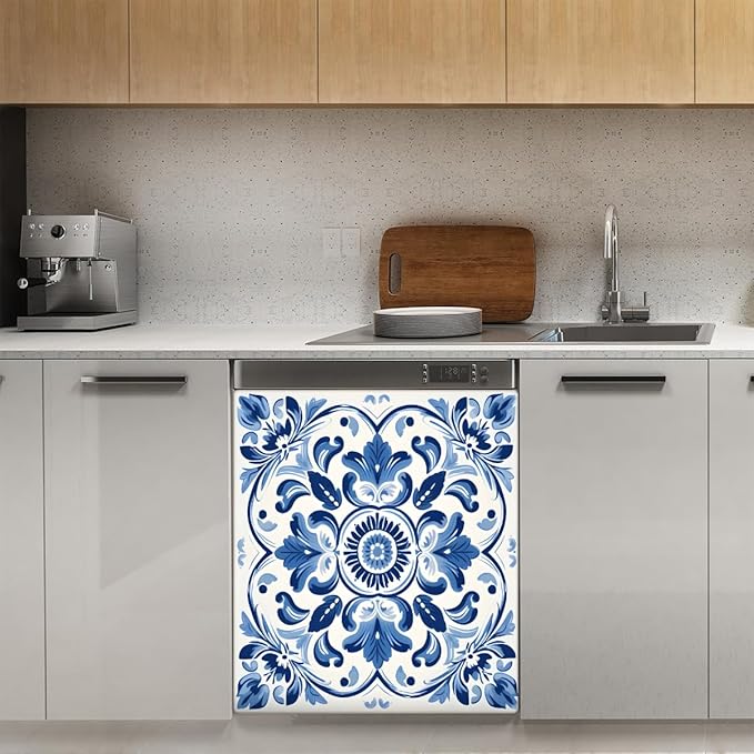 Dishwasher Magnet Cover Blue Ethnic Flower Paisley Reusable Dishwasher Magnetic Cover Sticker Decorative Dish Washer Door Cover Panel for Home Kitcen Appliance