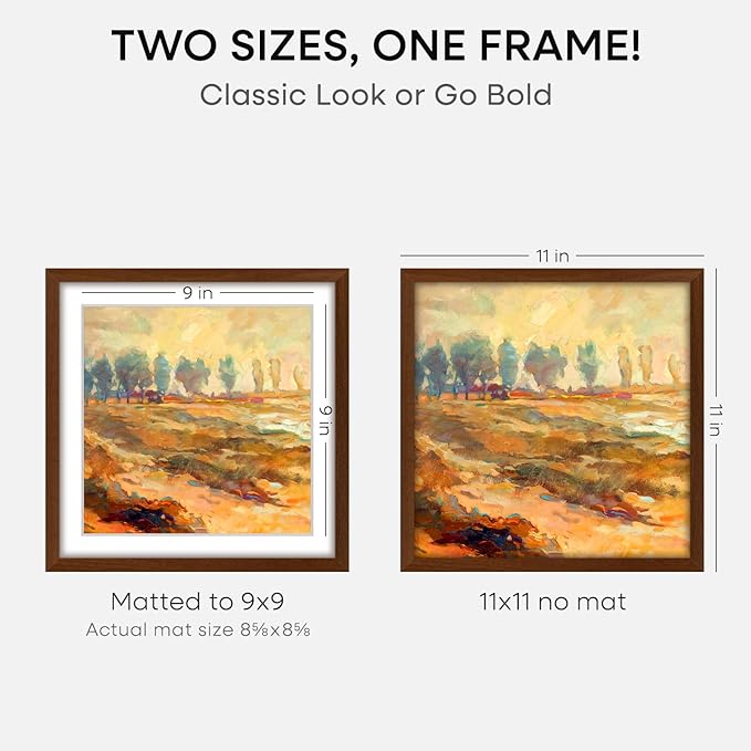 Homeforia 11x11 Picture Frame Brown, High-End Dark Oak 11 x 11 Square Brown Wood Frames with Mat 9 by 9 Photo, 11by11 Wooden Walnut Poster Frame Matted to 9x9 Print, Tempered Glass, Wall Kit, Set of 2
