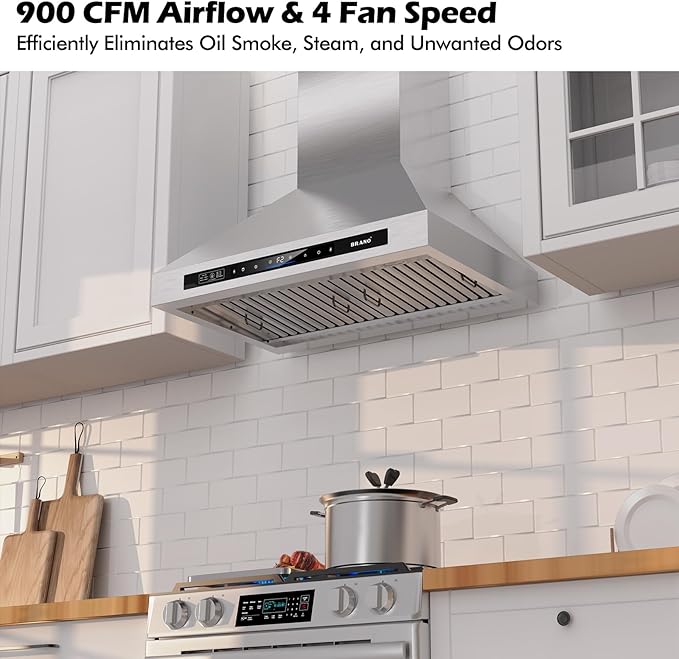 Wall Mount Range Hood 36 inch，900 CFM Kitchen Hood with Voice/Gesture/Touch Control，Vent Hood in Stainless Steel With Ducted/Ductless Convertible, 4 Speed Exhaust Fan