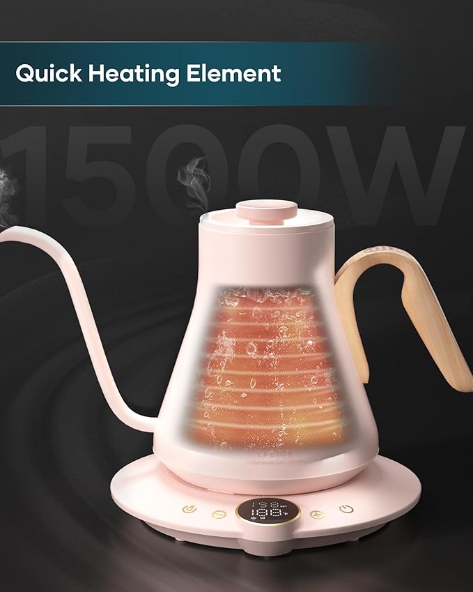 Gooseneck Electric Kettle with ±1℉ Temperature Control for Pour Over Coffee & Tea, Quick Heating, BPA-Free Stainless Steel, Built-in Brew Timer, 1500W/0.9L (Munch Pink)