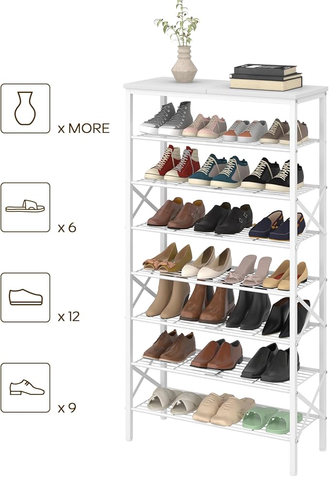 8 Tier Shoe Rack, Shoe Storage Organizer, Large Capacity Shoe Shelf Holds 32 Pairs of Shoes, Sturdy and Stable, for Entryway, Hallway, Closet, Dorm Room, White SS08WW