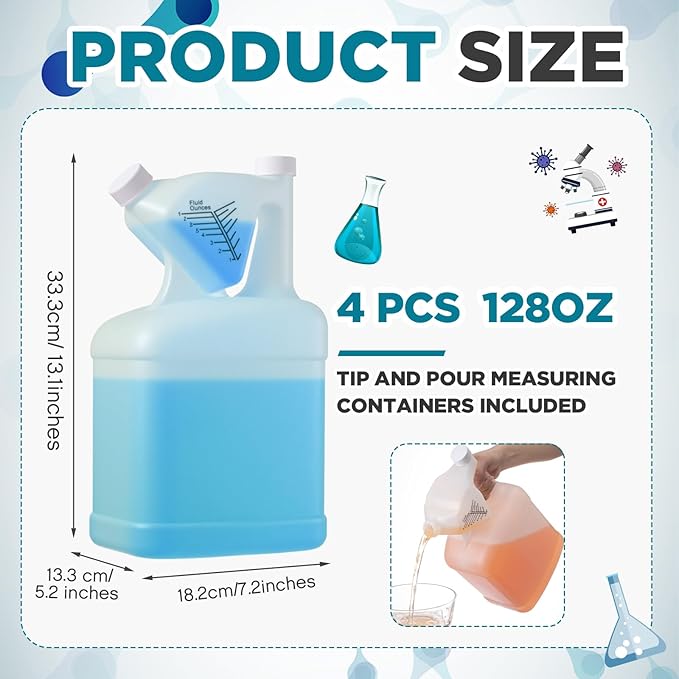 4 Pcs 128oz Measure Container and Pour Measuring Containers HDPE Plastic Measuring Bottle, 8oz Measure Capacity