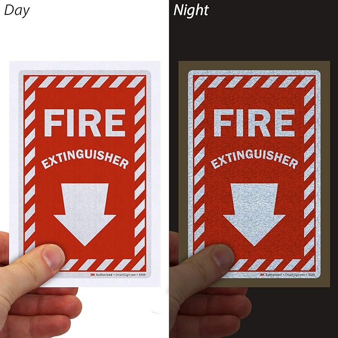SmartSign Fire Extinguisher Label with Down Arrow | 4" x 6" 3M Engineer Grade Reflective, Pack of 3, Made in USA