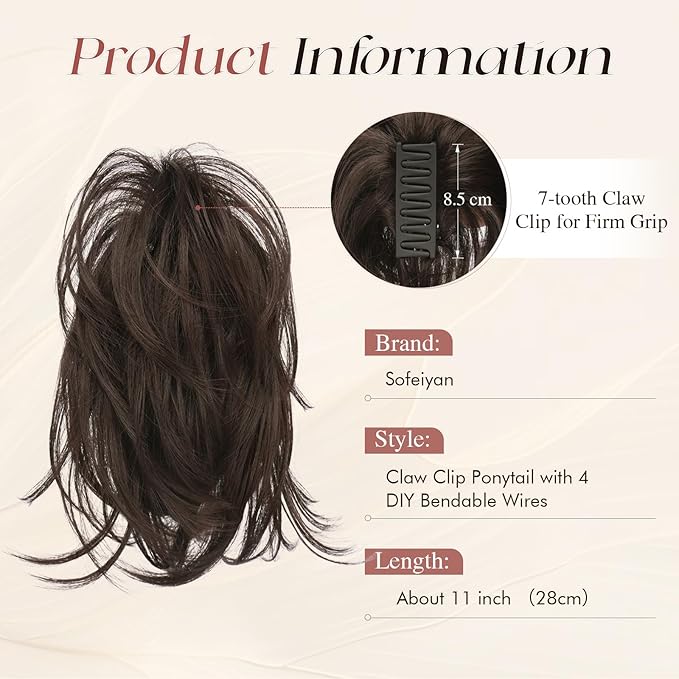 SOFEIYAN Claw Clip Short Ponytail Extension DIY Bendable Wires Hair Bun Fluffy Fake Hair Piece Straight Synthetic Hair Ponytail Extensions for Wonen - Darkest Brown/Dark Auburn Mix