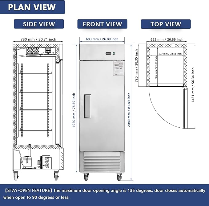 27"W Commercial Freezer Single Solid Door Stainless Steel Reach-in Freezer 18.68 Cu.ft. Upright Fan Cooling Freezer for Restaurant, Bar, Shop, Home, Garage, Business, Kitchen, Residential, ETL & DOE