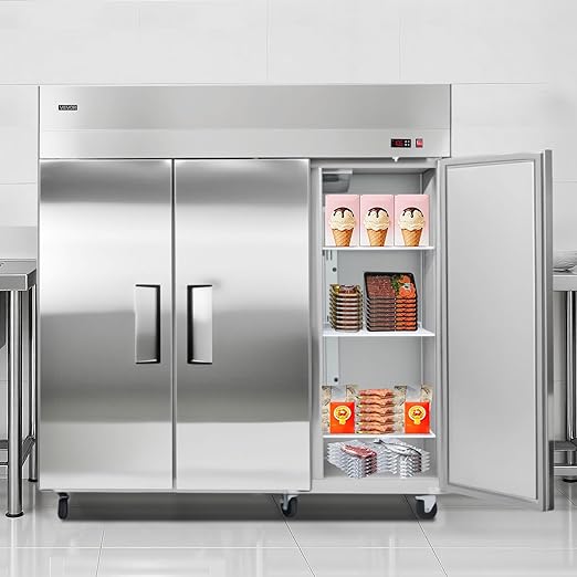 VEVOR Commercial Reach-In Freezer 72" W, 52 Cu.Ft Stainless Steel Upright Freezer with Three Doors, Auto-Defrost, 12 Adjustable Shelves, -11 to 14℉ Temp Control, UL Certified
