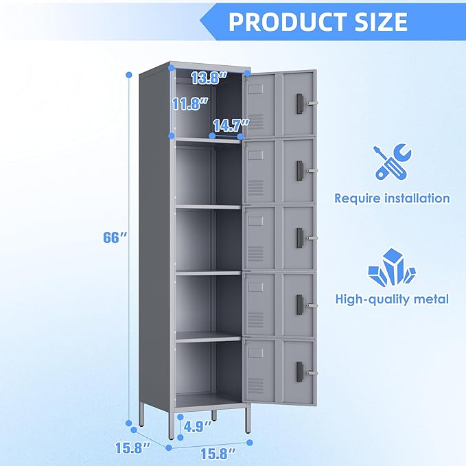METAN Metal Storage Employees Locker with 5 Lockable Doors,Locking Storage Cabinets for Small Spaces,Home,School,Gym,Assembly Required,Dark Gray